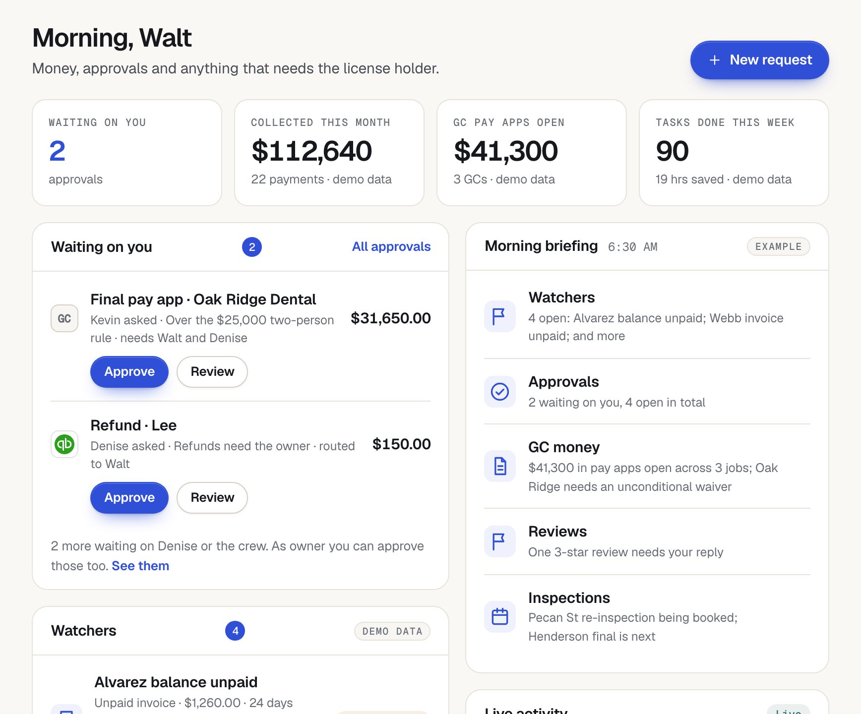 The Alvin app Today screen: approvals waiting on the owner, money stats and the morning briefing