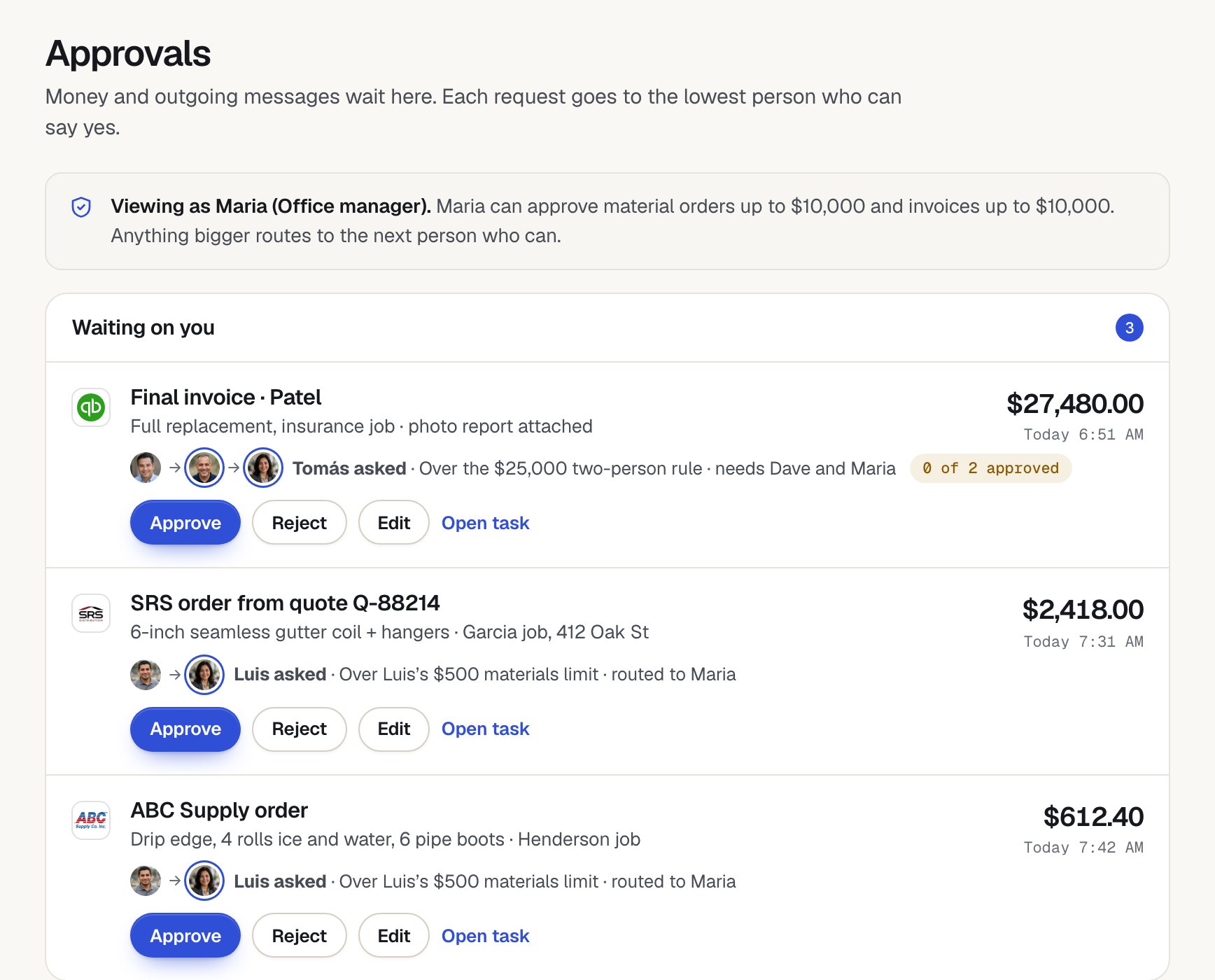 Approvals as the office manager: requests over a crew lead's limit routed up, and a two-person rule invoice